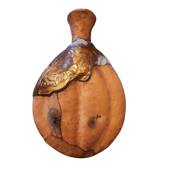 Vintage Handcrafted Leather & Metal Decorative Flask With Floral Embossing - Picture 3 of 6
